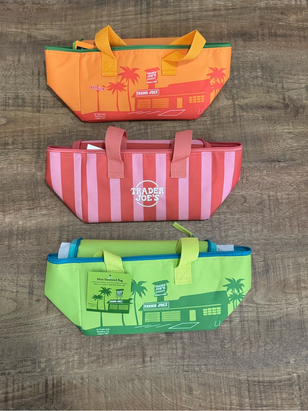 Trader Joe's Insulated Mini Tote Bags - Orange, Pink stripped, Green